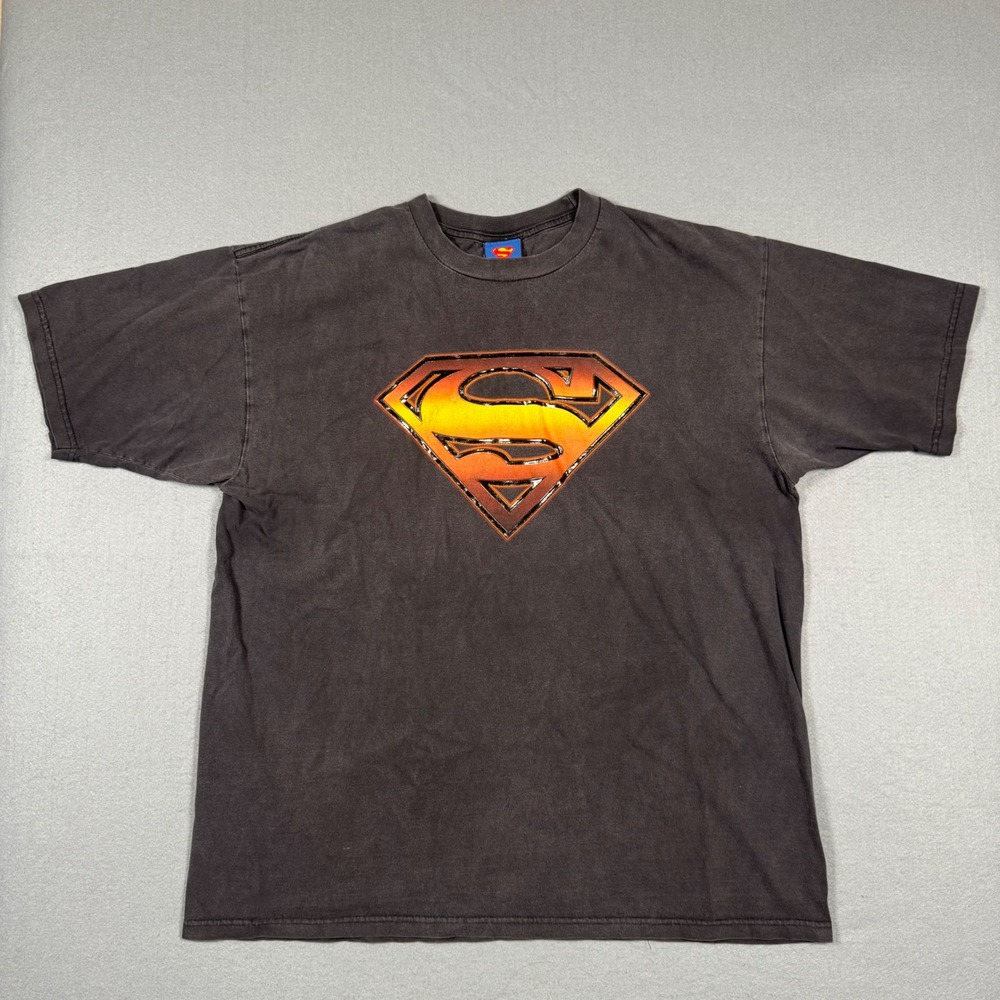 Superman Graphic T-Shirt XL Faded Black Orange Yellow Shield Logo DC Comics